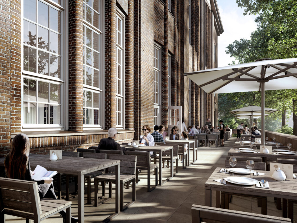 Modernisierung MHG, Visualisierung der geplanten Restaurant-Terrasse, Entwurf
© Hoskins Architects / ARGE HA/W+W MHG im Auftrag der Sprinkenhof GmbH, 2023