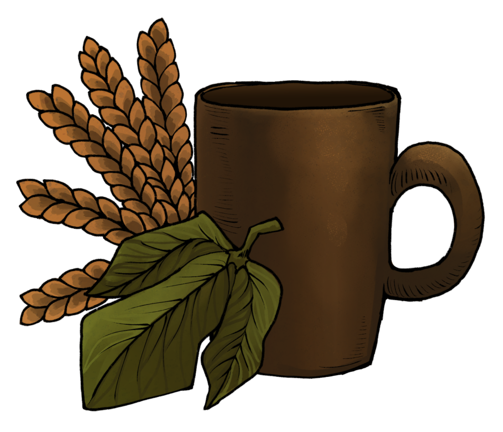 Illustration einer Tasse und von Hopfen, das symbolisch für Bier steht.